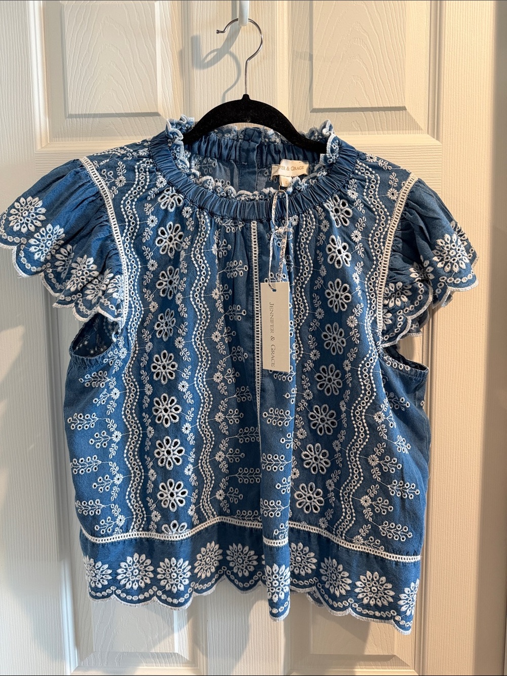 Blue Eyelet Embroidered Flutter-Sleeve Blouse, Large
